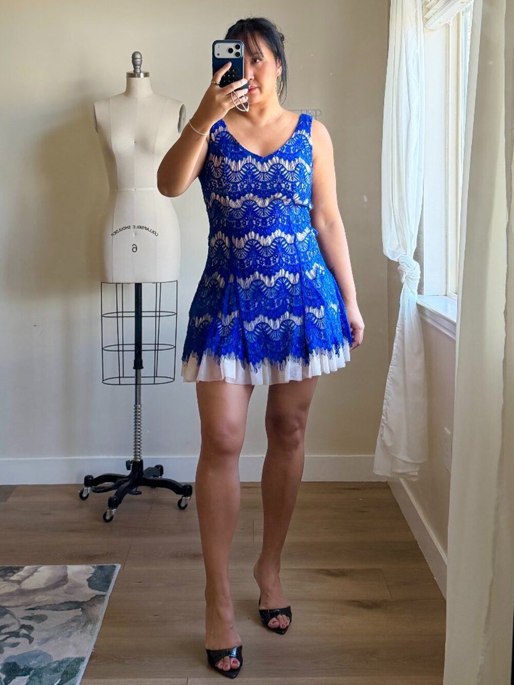 Royal Blue Lace Mini Dress | V Neck Fit and Flare | Size 12 | Party Cocktail